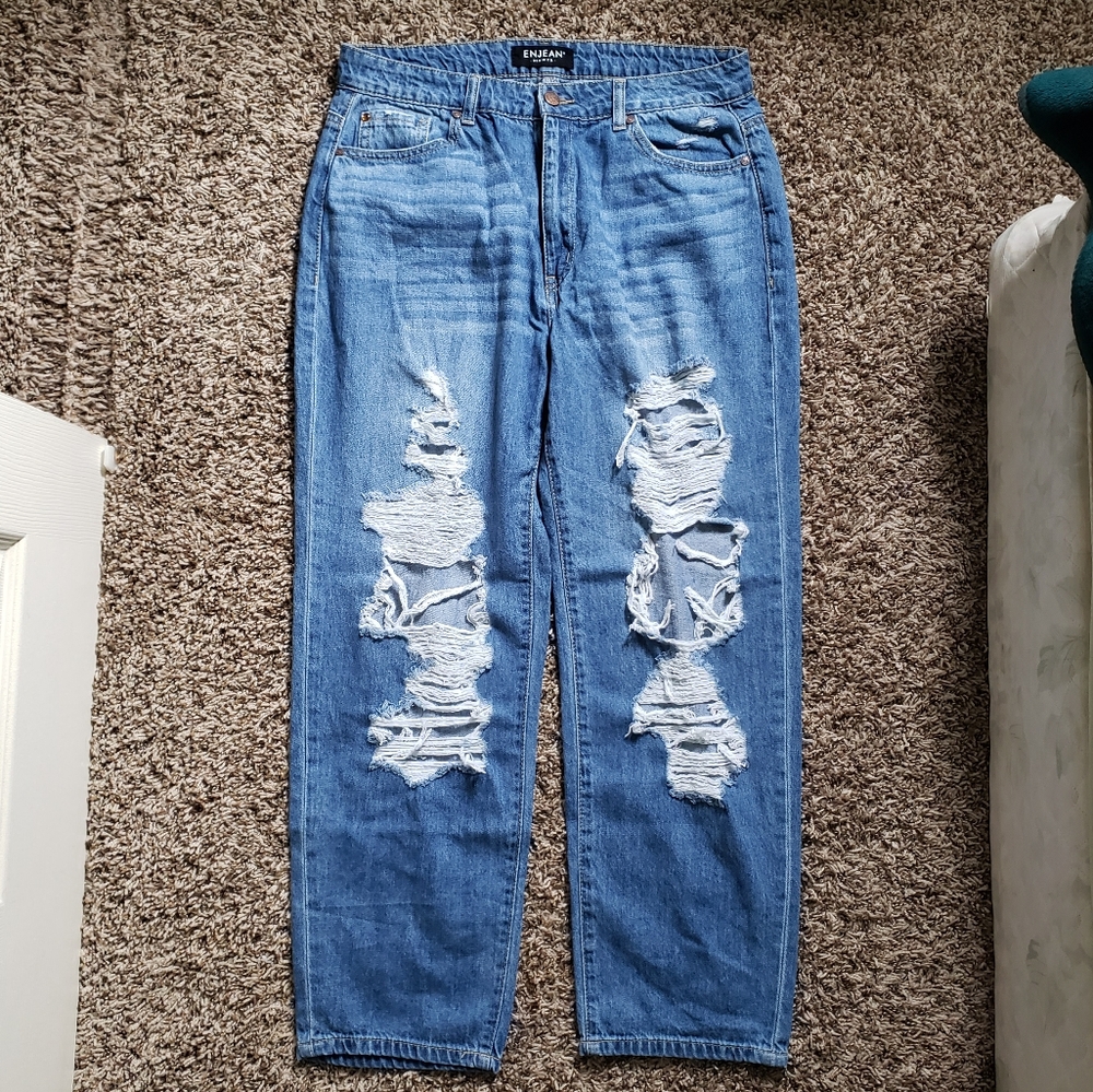 ENJEAN size 13 Heavy distressed blue relaxed fit denim jeans